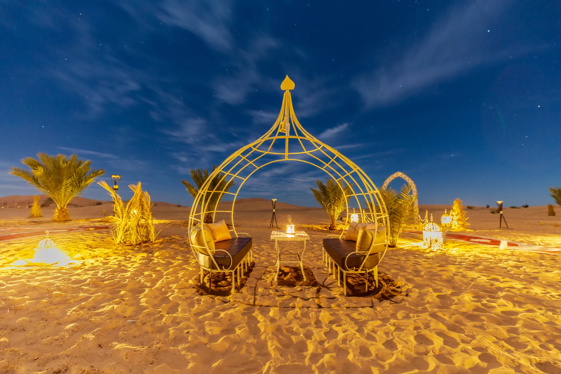 Sahara desert camp at night