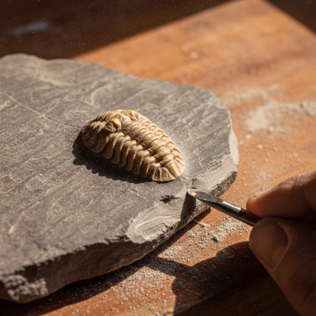 A trilobite fossil being prepared from the surrounding rock with a fine hand tool