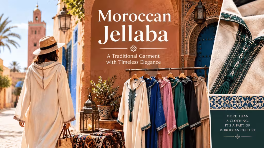 Moroccan women's djellaba: a hooded robe worn in a Marrakech street, with djellabas on a rail and embroidered trim